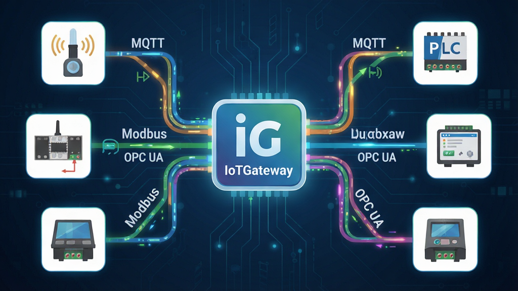 一张展示IoTGateway多协议转换功能的示意图,画面中央是IoTGateway软件图标,四周环绕着不同设备的图标(传感器、PLC、智能仪表等),通过彩色数据线连接到中心网关,数据线上标注着MQTT、Modbus、OPC UA等协议名称,整体风格科技感强,布局对称美观,画质清晰,干净无多余元素