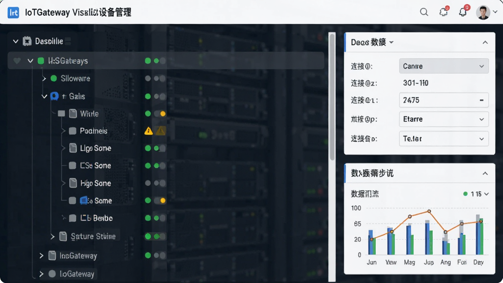 一张展示IoTGateway可视化设备管理界面的图片,画面中是一个树形设备列表,设备名称旁边有彩色状态指示灯(绿色在线、灰色离线、黄色警告),右侧是设备详情面板显示连接参数和数据统计,界面风格简洁现代,布局清晰,画质干净,无多余元素
