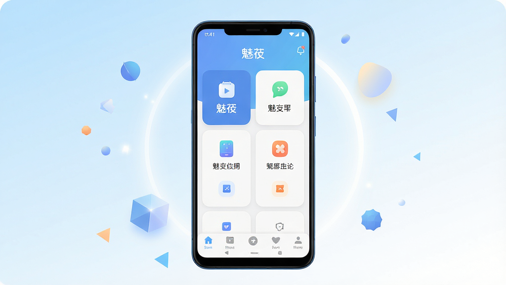 一张用于展示魅忑软件整体风格的宣传图,画面主体是一部竖屏安卓手机,手机屏幕中显示魅忑应用的主界面布局,界面中包含功能入口卡片和底部导航栏,背景采用浅蓝到白色的渐变色调,周围点缀少量几何图形与光晕效果,整体排版为居中构图,风格简洁现代、扁平化设计,细节上强调图标圆润、留白充足、文字清晰,画质高清,干净,无多余元素