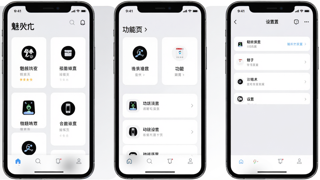 一张展示魅忑界面简洁特点的生图,画面主体是三部并排的手机,分别展示魅忑的首页、功能页和设置页,布局为横向排列,风格为清爽浅色系UI展示,细节上强调卡片式布局、大图标、清晰文字层级,背景为浅灰到白色渐变,画质高清,干净,无多余元素