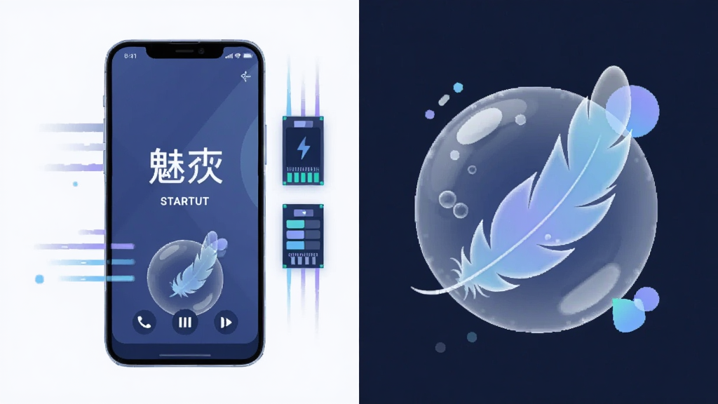 一张表现魅忑轻量运行特点的AI生图,画面主体是一部手机与一个半透明的羽毛或气泡元素并排摆放,象征轻巧与流畅,布局为左右对比构图,左侧手机显示魅忑启动画面,右侧用抽象图形表现低内存占用,风格为科技感扁平插画,细节上加入速度线条和内存条图示,画质高清,干净,无多余元素