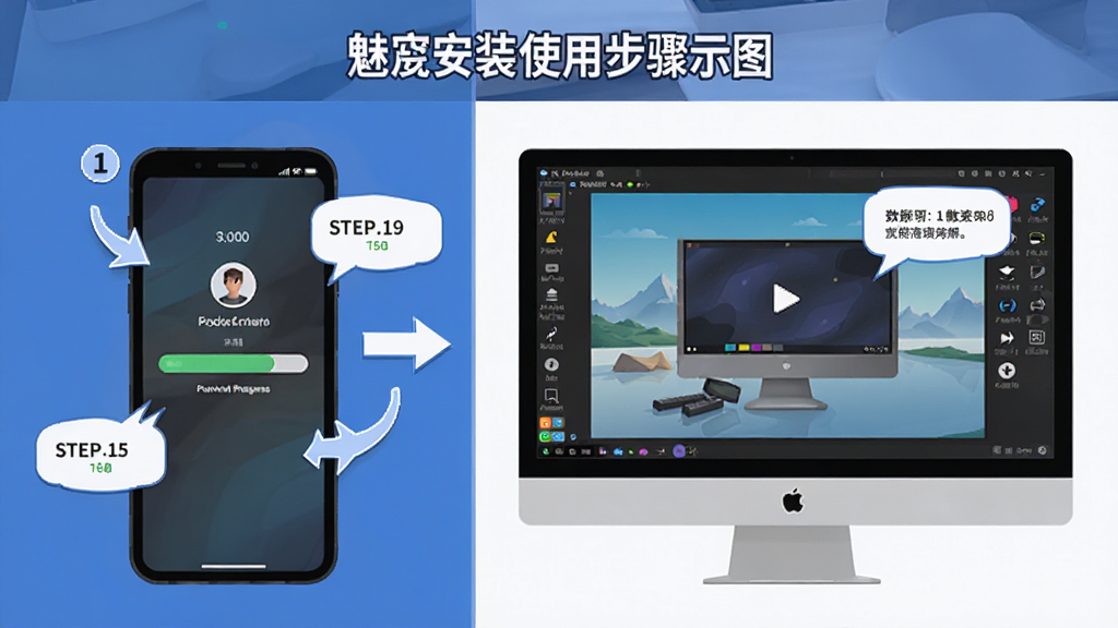 一张关于魅忑安装使用步骤的示意图,画面主体是一部手机和一台电脑并排展示,手机上显示安装进度界面,电脑上显示模拟器运行画面,布局为左右分栏构图,风格为教程类扁平插画,细节上加入步骤序号、箭头指引和提示气泡,画质高清,干净,无多余元素