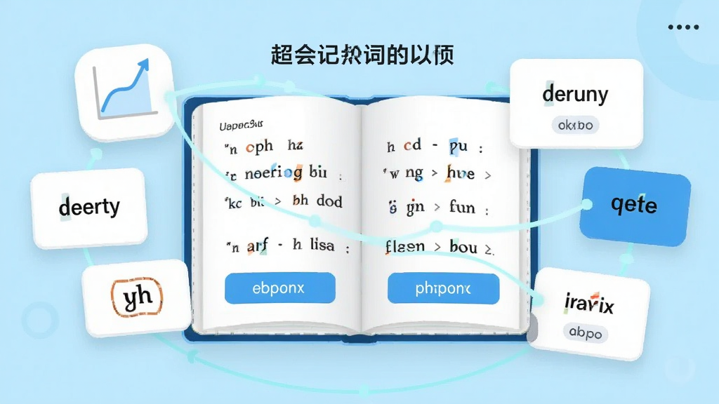 超会记单词软件主界面展示,画面中央是一本翻开的电子单词书,周围环绕着记忆曲线图标和单词卡片,背景为清新的浅蓝色调,风格简洁明快,细节上突出单词拼写和发音按钮,画质清晰,干净无多余元素