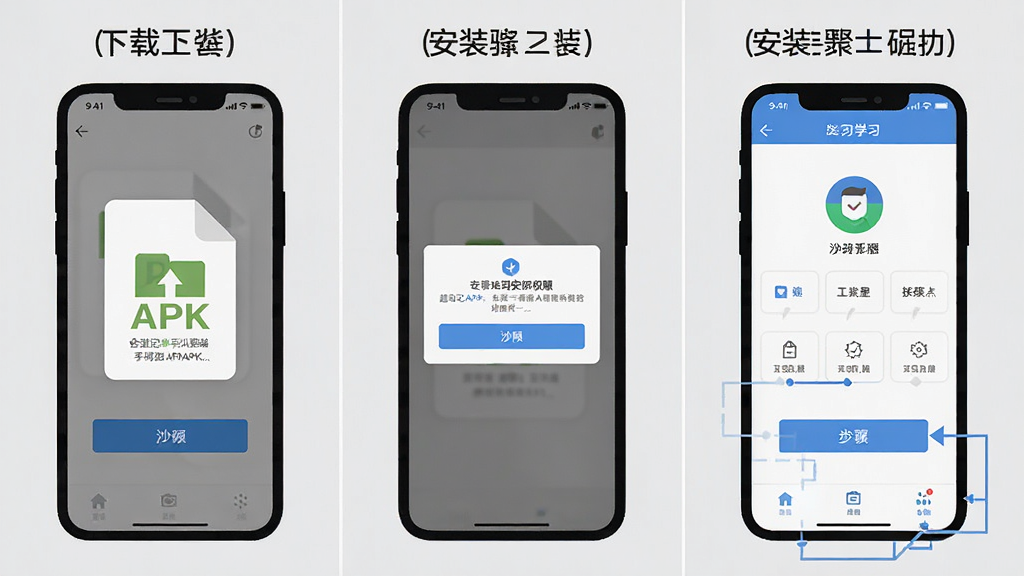超会记单词手机端安装步骤示意图,画面分为三格,第一格展示下载APK文件,第二格展示安装权限弹窗,第三格展示学习界面成功打开,风格扁平化图标设计,背景为浅灰色,细节上突出每一步的操作按钮和提示文字,画质清晰,干净无多余元素