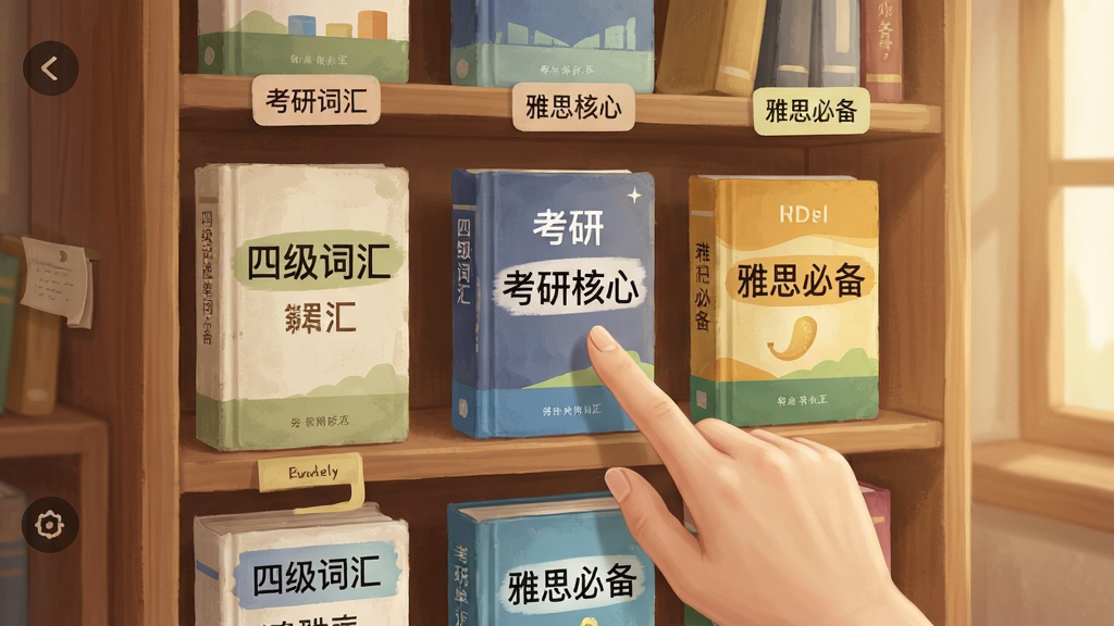 超会记单词词库选择界面,画面展示多层书架结构,每一层摆放着不同标签的单词书,如“四级词汇”“考研核心”“雅思必备”等,用户手指正点击其中一本,风格温馨书房场景,细节上突出书籍封面文字和分类标签,画质清晰,干净无多余元素