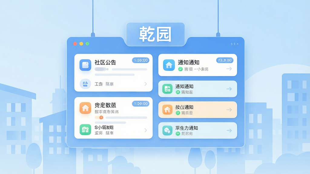 画面主体为一块悬浮的数字信息面板,面板上排列着社区公告卡片和通知条目,面板上方有