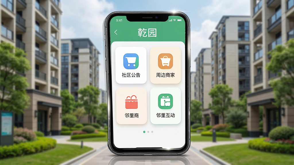 画面主体为一部智能手机,屏幕中显示社区生活服务应用界面,界面顶部有