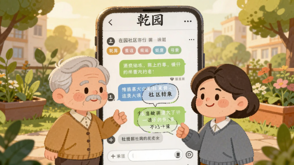 画面主体为两个卡通风格的邻居角色在手机屏幕前交流,屏幕中显示聊天对话框和社区话题标签,屏幕上方有