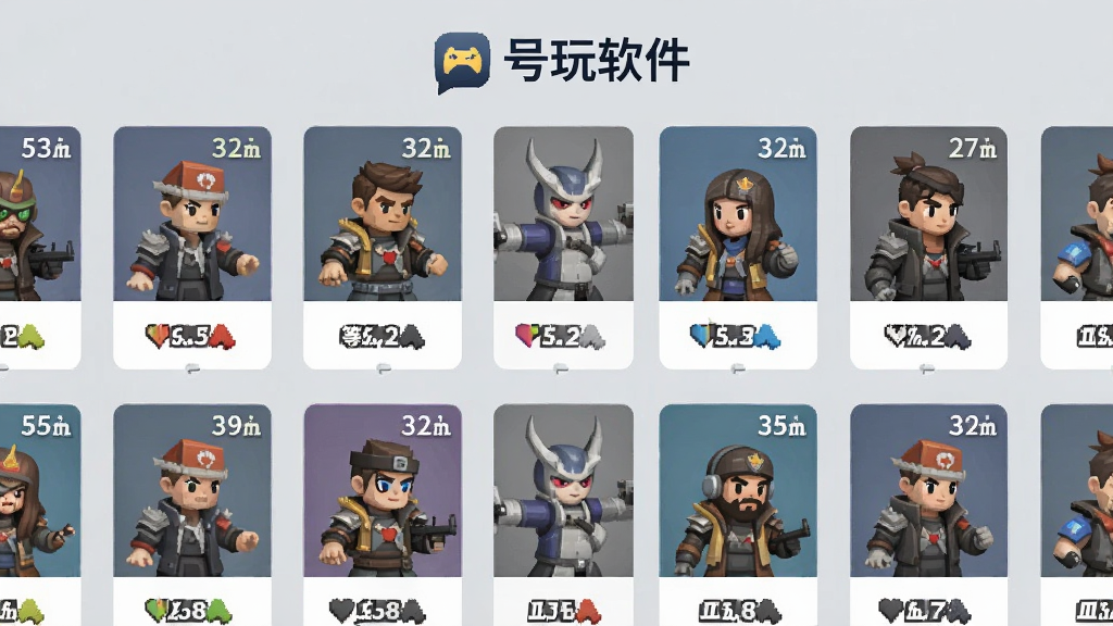 一幅游戏账号展示墙画面,画面中排列着多个游戏角色卡片,每个卡片上有不同的游戏角色形象和等级标签,顶部有有号玩软件名称标识,背景为浅灰色,风格扁平化设计,布局整齐有序,画质清晰干净,无多余元素