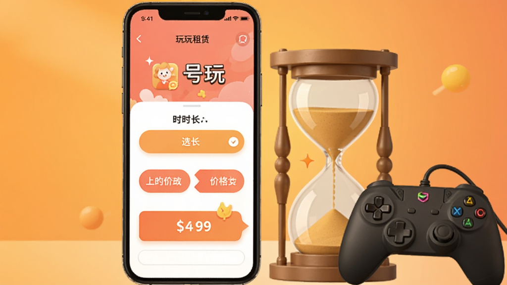 一幅账号租赁场景图,画面中一部手机显示有号玩租赁页面,页面上有时长选择按钮和价格标签,手机旁边有一个沙漏和游戏手柄,背景为暖橙色渐变,风格轻松活泼,布局居中,画质清晰干净,无多余元素