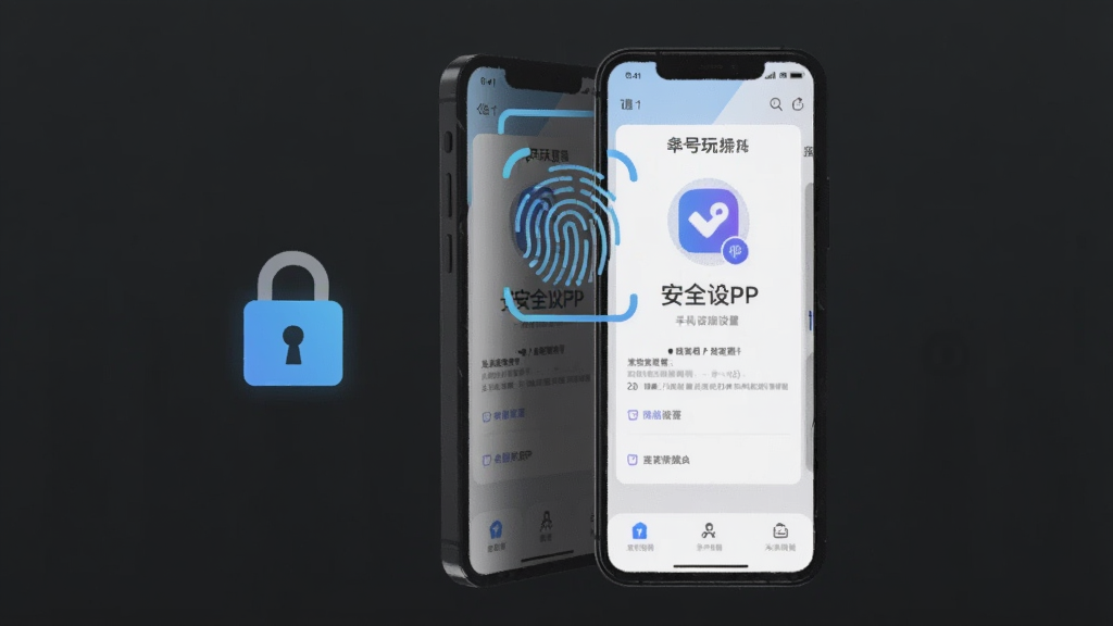 一张手机安全操作示意图,画面中一部手机屏幕显示有号玩APP的安全设置页面,旁边有锁图标和指纹识别图标,背景为深灰色,风格科技安全,布局手机居中,画质清晰干净,无多余元素