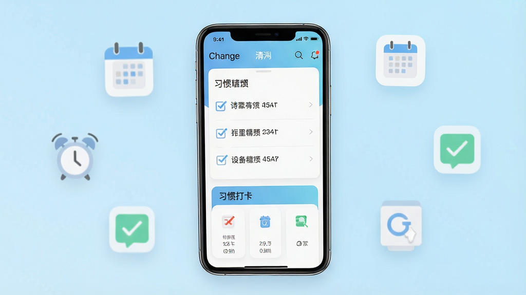 一张展示Change应用主界面的手机屏幕截图,画面中央是一部现代智能手机,屏幕上显示着清爽的待办事项列表和习惯打卡界面,背景是柔和的浅蓝色渐变,周围点缀着简洁的图标元素如日历、闹钟、勾选框。整体风格清新简约,画面干净无多余元素,高清画质,适合作为软件下载站的预览图。