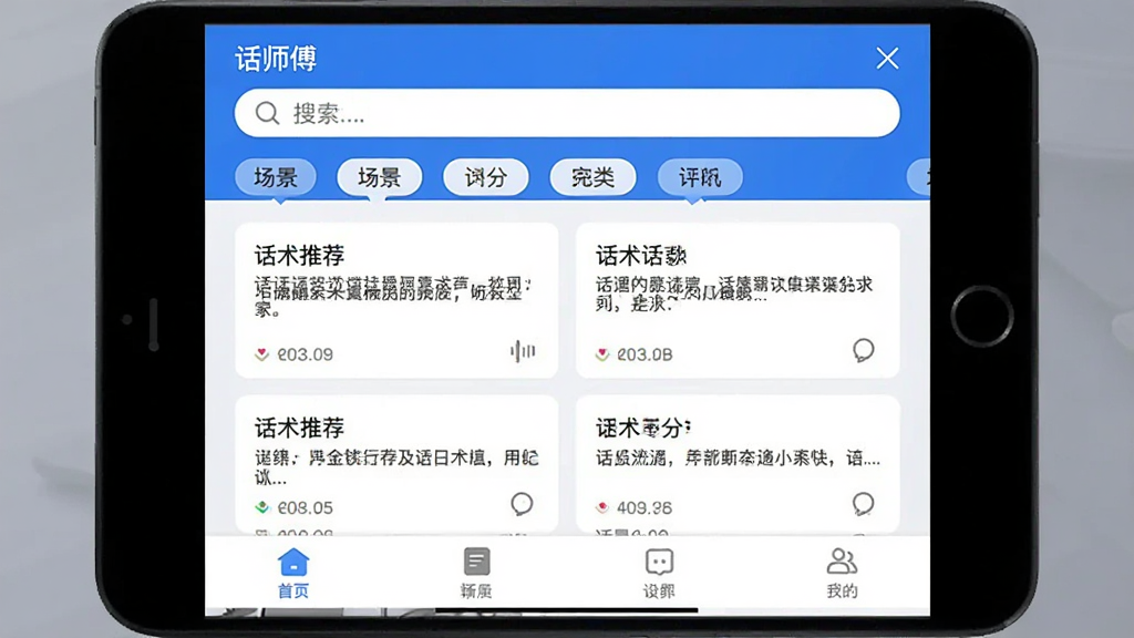 话师傅应用主界面截图,展示软件名称话师傅,界面布局清晰,上方为搜索框和场景分类标签,中部为话术推荐卡片列表,底部为导航栏。整体风格简洁现代,采用蓝白配色,画面干净整洁,无多余元素,适合软件下载站展示预览图,画质清晰