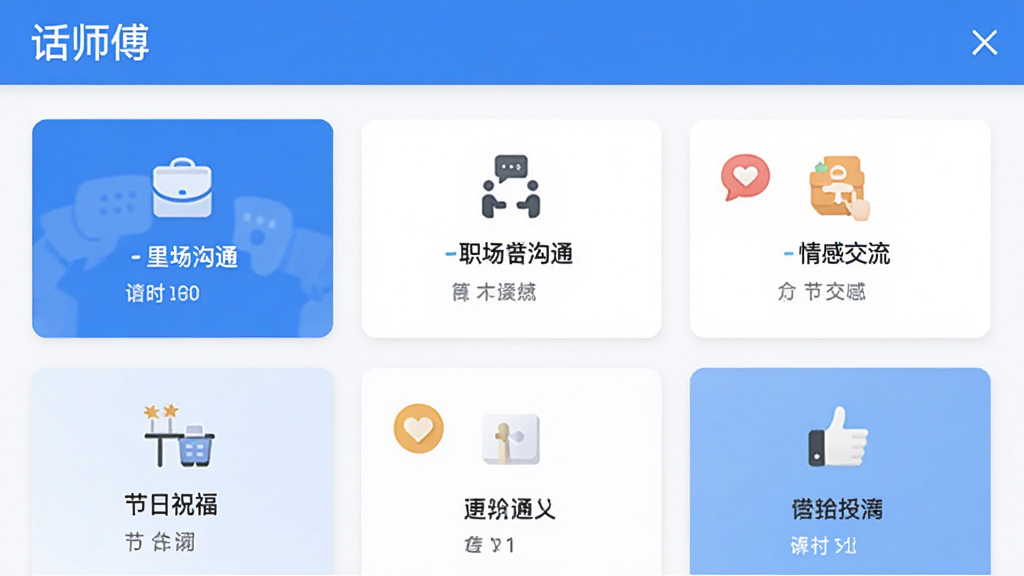话师傅应用内话术库界面截图,展示话师傅软件名称,画面中呈现多个场景分类卡片,如职场沟通、情感交流、节日祝福等,每张卡片配有小图标,布局整齐,风格清新简洁,蓝白主色调,画面干净无多余元素,画质清晰