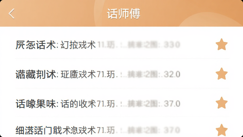 话师傅应用收藏夹界面截图,画面顶部显示话师傅名称,中部展示用户收藏的话术列表,每条话术右侧有星标图标,界面风格柔和,配色温暖,布局清晰,画面干净整洁,适合软件预览展示,画质清晰