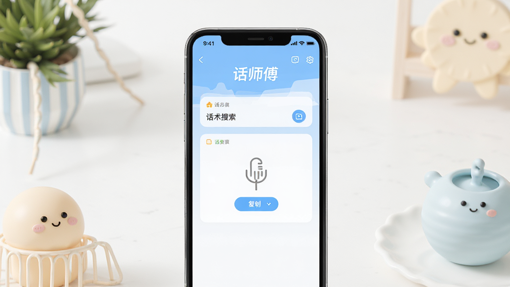 话师傅应用在手机上的操作界面展示,画面中手机屏幕显示话师傅软件名称,屏幕内展示话术搜索和复制功能,周围有简洁的装饰元素,整体风格清新明亮,配色柔和,画面干净无多余元素,画质清晰