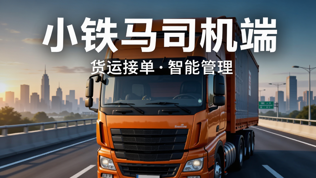 画面主体为一辆橙色重型卡车行驶在宽阔的高速公路上,背景是清晨的城市天际线,画面中央上方以醒目的白色粗体字写着