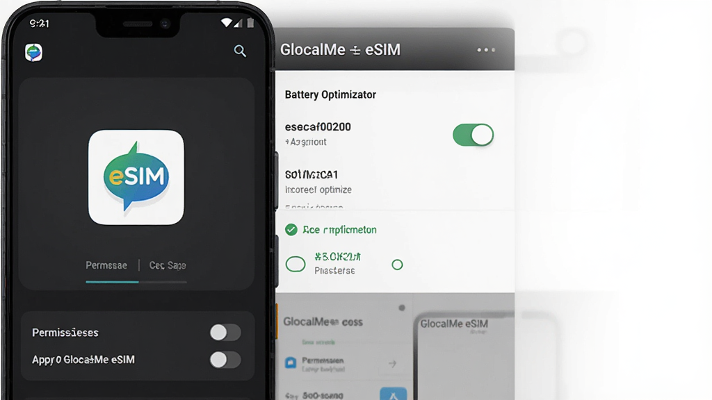 һ��չʾ GlocalMe eSIM ��׿�ֻ����ý����ʾ��ͼ������Ϊ�ֻ���Ļ��ʾӦ��Ȩ�޹��������Ż�������ҳ�棬����Ϊ���·���ʽ���Ű����������Ϊ��Լ��ɫģʽ���棬ϸ�ڰ��� GlocalMe eSIM ͼ�ꡢȨ�޿��ء�����Ż�ѡ����ʸ��壬����ɾ����޶���Ԫ�ء�