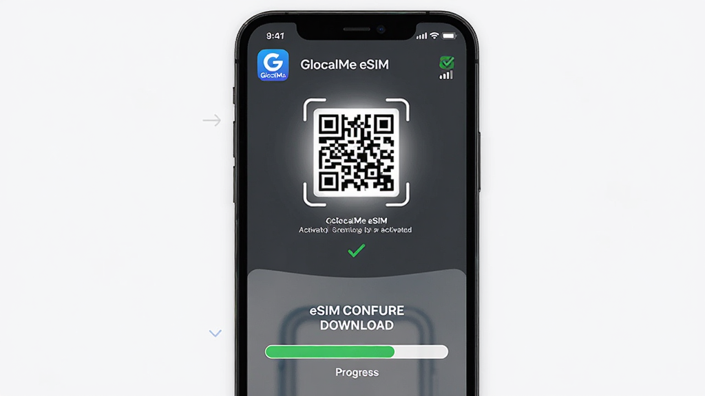 һ��չʾ GlocalMe eSIM �������̵��ֻ�����ͼ������Ϊ�ֻ���Ļ��ʾ��ά��ɨ����eSIM�������ؽ�����������Ϊ���·ֲ�ʽ���Ű����������Ϊ��Լ����磬ϸ�ڰ��� GlocalMe eSIM Ӧ��ͼ�ꡢ����ɹ��Թ����ź�ǿ��ָʾ�����ʸ��壬����ɾ����޶���Ԫ�ء�