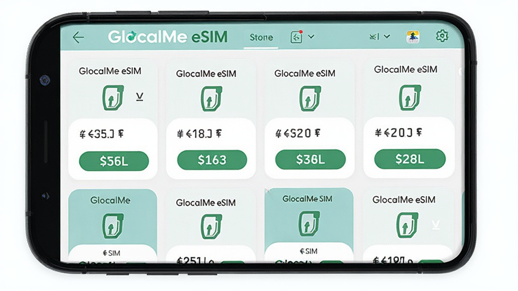 һ�� GlocalMe eSIM �����ײ��̵����ͼ������Ϊ�ֻ���Ļչʾ����ײͿ�Ƭ��۸��ǩ������Ϊ�����б�ʽ���Ű����룬���Ϊ����ǳɫϵ��ƽ��ƣ�ϸ�ڰ��� GlocalMe eSIM Ʒ��ɫ������ͼ�ꡢ���ҷ��š�����ť�����ʸ��壬����ɾ����޶���Ԫ�ء�