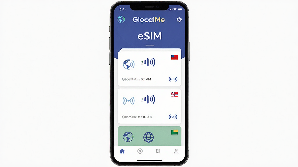 һ��չʾ GlocalMe eSIM Ӧ�ý�����ֻ�Ԥ��ͼ������Ϊһ�����������ֻ�����Ļ����ʾ GlocalMe eSIM ��ȫ�������ײ�ѡ��ҳ�棬����Ϊ����Ʒ�Ʊ�ʶ���в��ײͿ�Ƭ�б����ײ����������Ű������������Ϊ�ִ��Ƽ��б�ƽ����ƣ�ϸ�ڰ�������ͼ�ꡢ�źŲ��ơ��������Сͼ�꣬���ʸ��壬����ɾ����޶���Ԫ�ء�