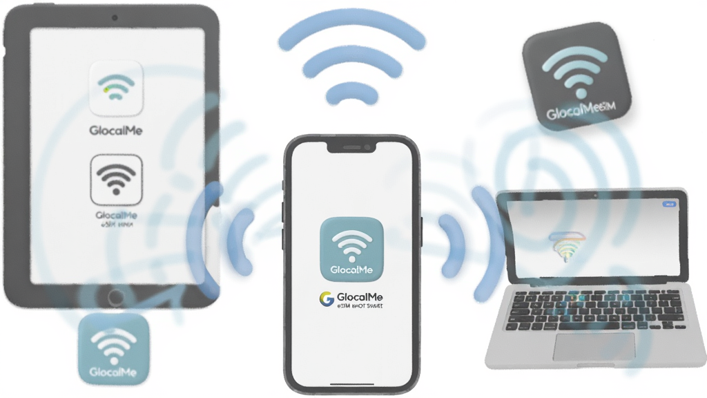 һ��չʾ GlocalMe eSIM �ȵ㹲�����ܵĳ���ͼ������Ϊһ���ֻ���ƽ�塢�ʼǱ�ͨ�������ź����ӣ�����Ϊ�����ֻ��������豸���ƣ��Ű淢ɢʽ�����Ϊ���Բ�Ǳ�ƽ�廭��ϸ�ڰ��� GlocalMe eSIM ��ʶ��WiFi�źŲ��ơ��豸ͼ�꣬���ʸ��壬����ɾ����޶���Ԫ�ء�