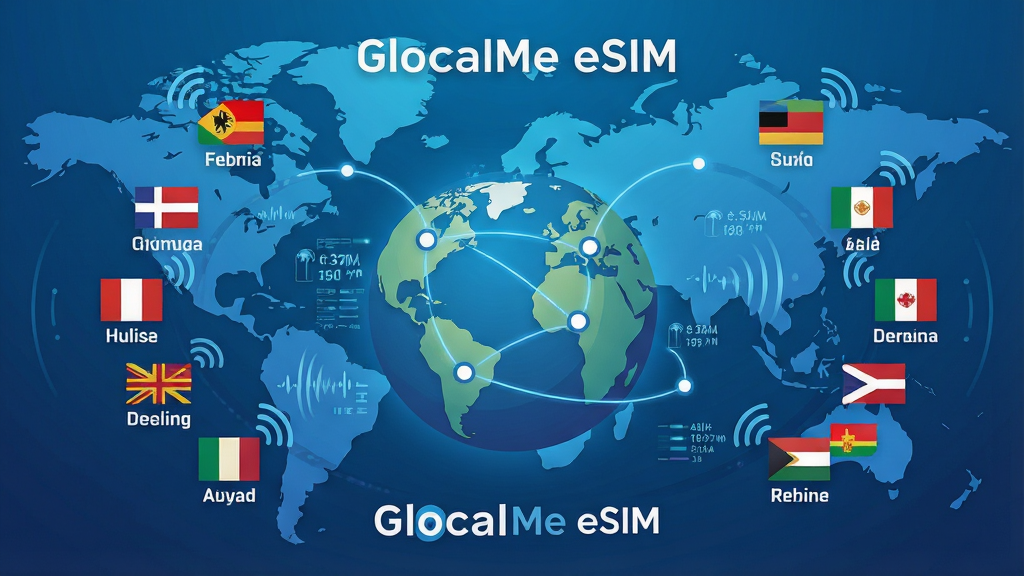 һ���������ͼΪ������ GlocalMe eSIM ����չʾͼ������Ϊ������������ڵ����ߣ�����Ϊ���ĵ������ֲܷ������������ź�ͼ�꣬�Ű滷��ʽ�����Ϊ�Ƽ��������ƽ�廭��ϸ�ڰ��� GlocalMe eSIM ���ֱ�ʶ���������ݲ��ơ��������Ʊ�ǩ�����ʸ��壬����ɾ����޶���Ԫ�ء�