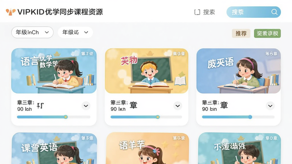 VIPKID��ѧͬ���γ���Դҳ�棬չʾ������ѧӢ���ѧ�ƿγ̿�Ƭ��ÿ�ſ�Ƭ�����γ̷��桢�½����ơ�ѧϰ�������������Ű����룬������½����磬��ɫ��ͣ�ϸ�ڰ����꼶ɸѡ����������ť���Ƽ���ǩ�������������ɾ����޶���Ԫ��