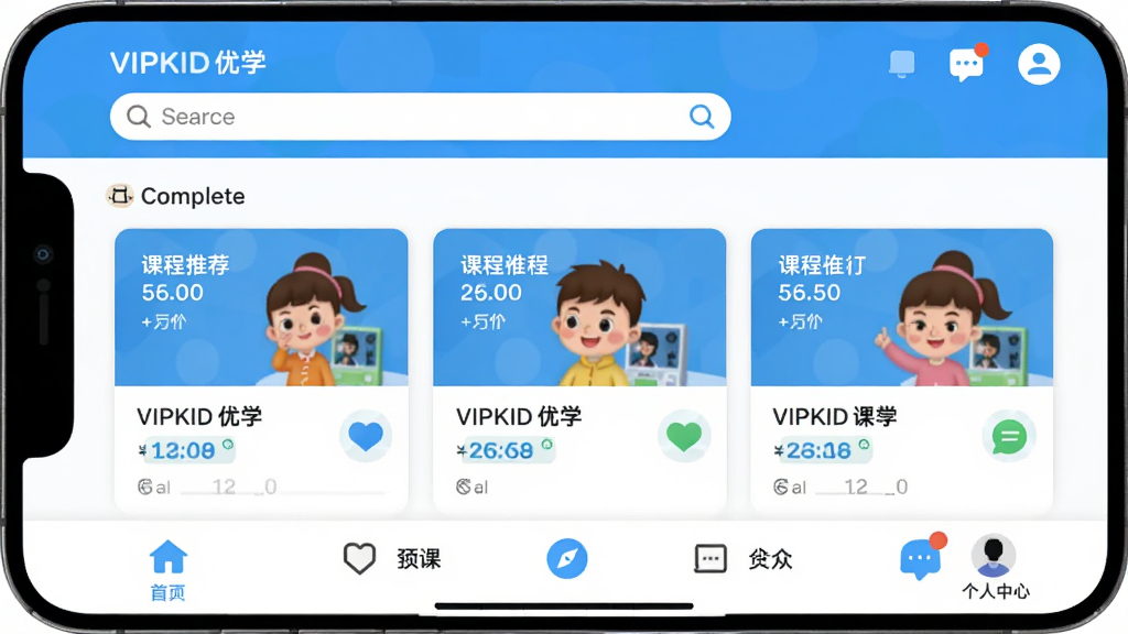VIPKID��ѧ�ֻ��˲��������ͼ��չʾ��װ��ɺ����ҳ���֡��ײ����������γ��Ƽ����򣬽����������죬��ɫ����Ϊ����ϸ�ڰ�����������Ϣͼ�ꡢ����������ڣ������������ɾ����޶���Ԫ��