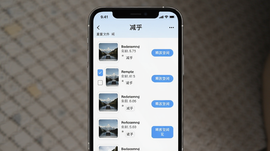 һ���ֻ��洢�ռ���ӻ����棬���������ǡ����������ظ��ļ�ɨ����ҳ����ʾ����ظ�ͼƬ����ͼ���ļ���С��ǩ������Ϊ�б�ʽ�����Ϊ��ˬǳɫϵ��ϸ�ڰ�����ѡ����ͷſռ䰴ť�������������ɾ����޶���Ԫ��