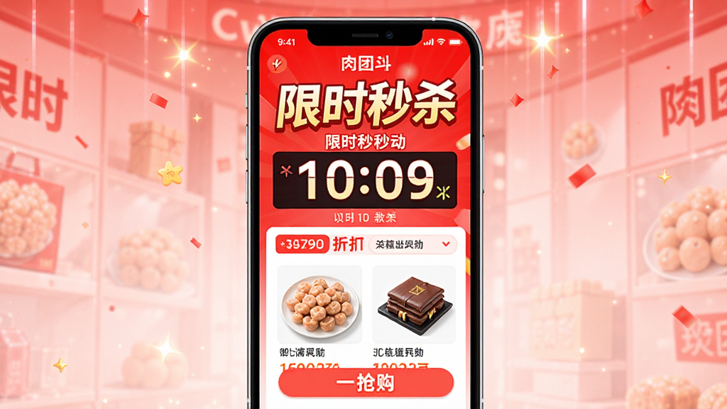 ����APP��ʱ��ɱ�ҳ�棬�ֻ���Ļ��ʾ����ʱ���ۿ���Ʒ������Ϊ��ɫ������Χ������ͻ���۸���������ť����������Ŀ��ϸ�ڰ�������ʱ��ɱ����������Ʒ����ͼ�����ʸ��壬�ɾ����޶���Ԫ��