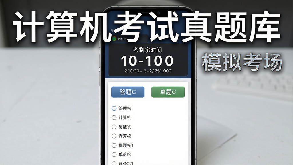 计算机考试真题库模拟考试界面,主体为手机屏幕显示考试倒计时和答题卡,布局为上方计时器下方题目区域,风格严肃考试氛围,细节包括剩余时间数字、答题卡按钮、单选题选项列表,画面中文字标注“计算机考试真题库”和“模拟考场”,高清画质,干净,无多余元素
