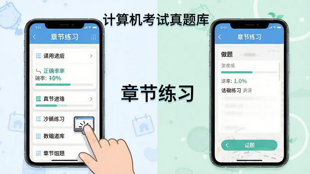 计算机考试真题库使用教程示意图,主体为手机屏幕展示章节练习列表和做题界面,布局为左右分屏对比展示,风格清新教学风格,细节包括手指点击屏幕的图标、进度条、正确率百分比,画面中文字标注“计算机考试真题库”和“章节练习”,高清画质,干净,无多余元素
