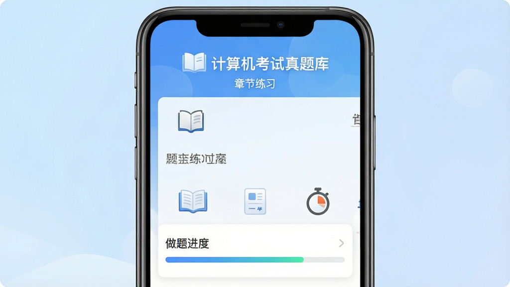 计算机考试真题库手机应用主界面展示,主体是一台竖屏智能手机,屏幕内显示题库分类列表和做题进度条,布局为手机居中放置,背景为浅蓝色渐变,风格简洁清爽,细节包括书本图标、答题卡图标、计时器图标,画面中文字标注“计算机考试真题库”和“章节练习”,高清画质,干净,无多余元素