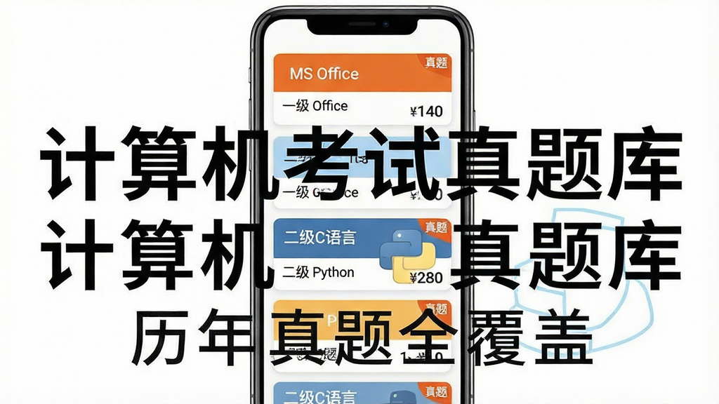 计算机考试真题库海量题库界面,主体为手机屏幕中展示多个考试科目卡片列表,布局为纵向滚动式卡片排列,风格扁平化设计,细节包括一级MS Office、二级C语言、二级Python等科目标签和真题数量角标,画面中文字标注“计算机考试真题库”和“历年真题全覆盖”,高清画质,干净,无多余元素