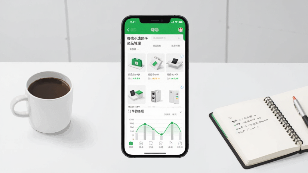 微信小店助手应用主界面展示,画面中央是一部智能手机,手机屏幕上显示着微信小店助手的商品管理页面,包含商品列表和订单数据图表。背景为简洁的浅灰色工作室桌面,旁边放着一杯咖啡和一本笔记本。整体风格为现代商务扁平化插画,色彩以微信绿和白色为主,画面干净明亮,无多余装饰元素,高清画质。