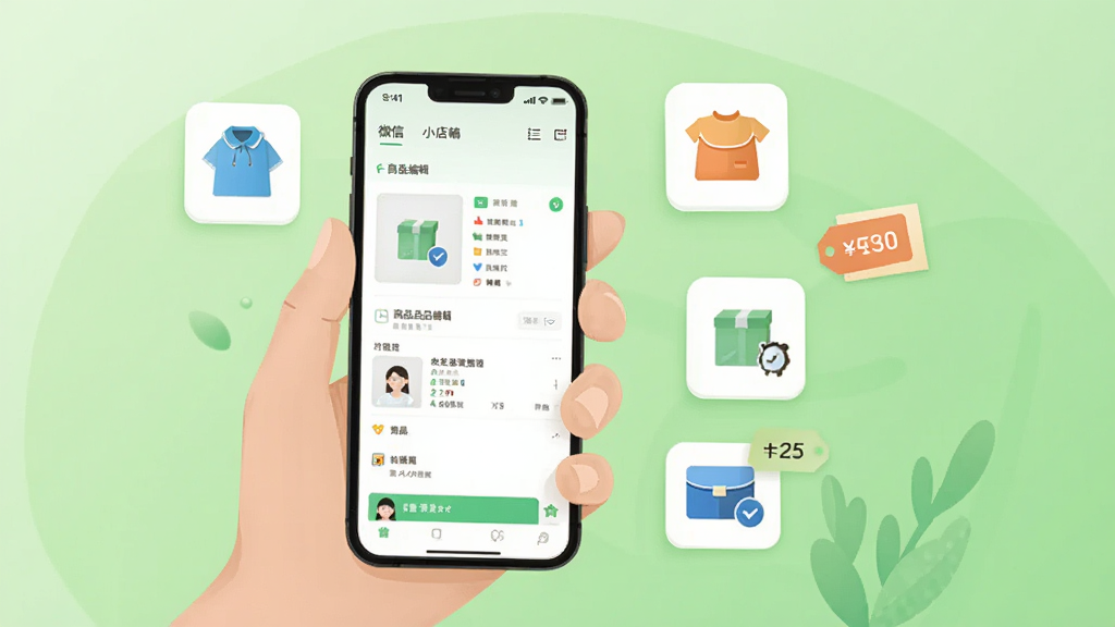微信小店助手移动化店铺管理功能展示,画面中一只手拿着手机,手机屏幕显示商品编辑界面,旁边漂浮着商品图标、价格标签和库存数字等元素。背景为柔和的渐变绿色,风格为简洁的扁平化UI插画,画面干净无杂物,突出移动管理的便捷性,高清画质。
