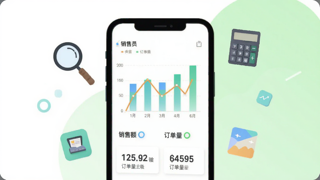 微信小店助手数据看板功能展示,画面中央是手机屏幕,屏幕上显示柱状图和折线图,图表下方有销售额、订单量等数字指标。手机周围漂浮着放大镜、计算器等小图标。背景为清爽的白色和浅绿色,风格为简约商务扁平插画,画面干净整洁,高清画质。