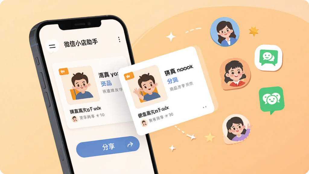微信小店助手商品分享功能展示,画面中一部手机屏幕显示商品卡片和分享按钮,卡片从手机中飞出,飞向周围代表好友和群聊的图标。背景为温暖的浅橙色渐变,风格为友好活泼的扁平插画,画面简洁明快,无多余装饰,高清画质。