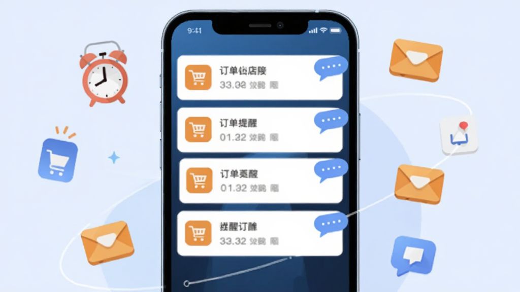 微信小店助手订单提醒功能展示,画面中一部手机屏幕亮起,显示多条订单通知弹窗,弹窗上有购物车图标和消息气泡。手机周围有闹钟、信封等小图标环绕,代表实时提醒。背景为淡蓝色渐变,风格为现代科技感扁平插画,画面简洁,无多余元素,高清画质。