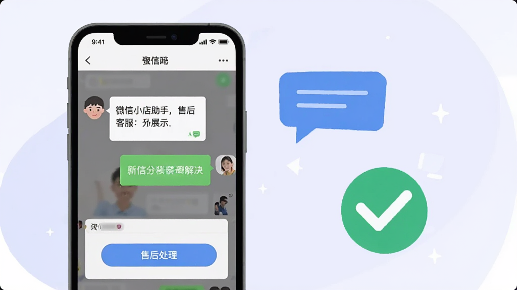 微信小店助手售后客服功能展示,画面中手机屏幕显示聊天对话框和售后处理按钮,旁边有代表对话的气泡和代表解决的勾选图标。背景为柔和的浅紫色,风格为简洁的扁平化UI插画,画面干净,无多余元素,高清画质。