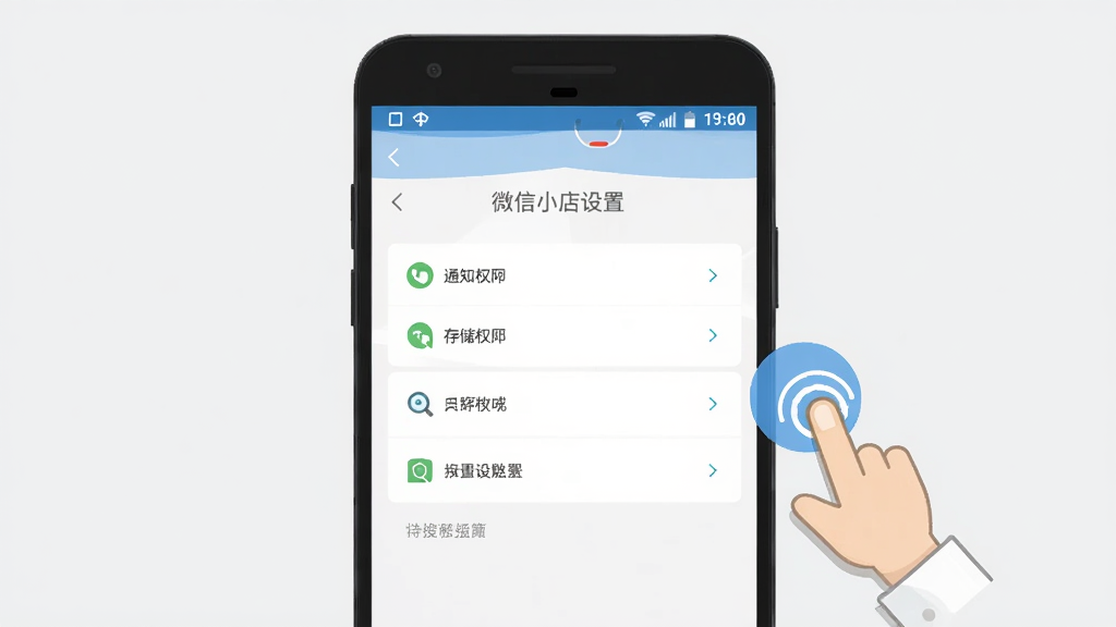 微信小店助手安装设置界面示意图,画面展示一部安卓手机,屏幕上显示权限设置页面,包括通知权限、存储权限等选项,旁边有手指点击的图标。背景为简洁的浅灰色,风格为扁平化教程插画,画面干净,无多余元素,高清画质。