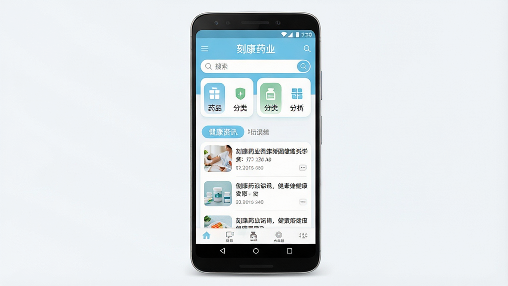 一张展现刻康药业APP主界面的手机样机图,画面中央放置一部安卓手机,屏幕内显示刻康药业APP首页,包含药品分类图标、健康资讯列表与搜索栏。主体为手机与APP界面,布局居中,排版整洁。风格为现代医疗健康类应用UI展示,细节包含浅蓝色调、白色背景、圆角卡片设计、清晰的文字层级。画质高清,干净,无多余元素。