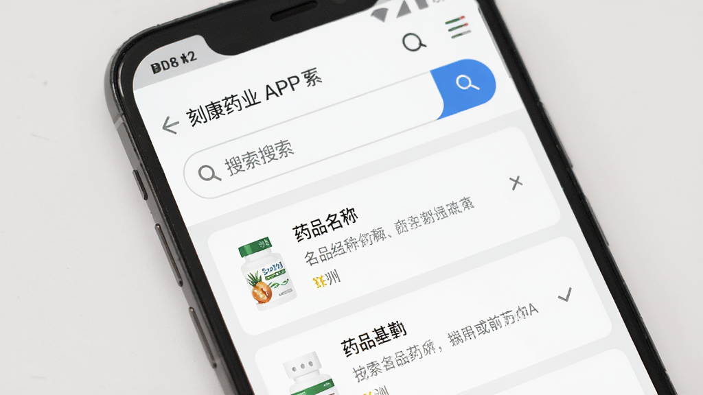 一部安卓手机展示刻康药业APP的药品搜索界面,屏幕中呈现搜索框与药品列表,列表项包含药品名称与简要说明。主体为手机屏幕特写,布局采用上下结构,排版清晰。风格为医疗健康类APP界面展示,细节包含白色背景、蓝色搜索按钮、浅灰色分割线、圆角搜索框。画质高清,干净,无多余元素。