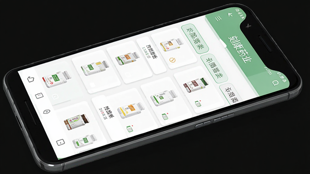 一部安卓手机展示刻康药业APP的产品目录页面,屏幕内呈现多个药品分类标签与产品缩略列表。主体为手机正面,布局采用顶部导航与下方列表组合,排版规整。风格为清爽医药类应用界面,细节包含浅绿色点缀、白色卡片、细线分隔、清晰图标。画质高清,干净,无多余元素。