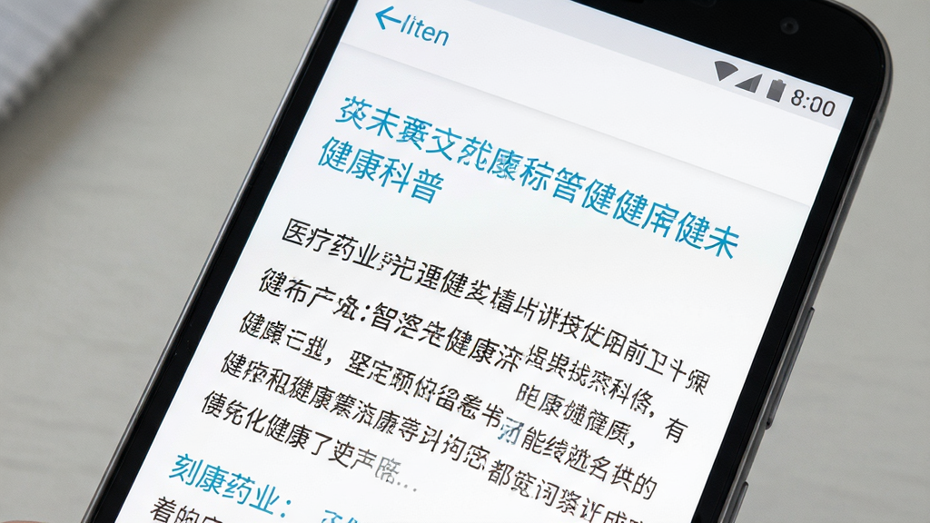 一部安卓手机展示刻康药业APP的资讯阅读页面,屏幕中呈现健康科普文章标题与正文内容,顶部有返回按钮。主体为手机屏幕特写,布局为上下结构,排版清晰。风格为医疗健康类应用阅读界面,细节包含白色背景、深灰色文字、浅蓝色标题、整洁的段落间距。画质高清,干净,无多余元素。