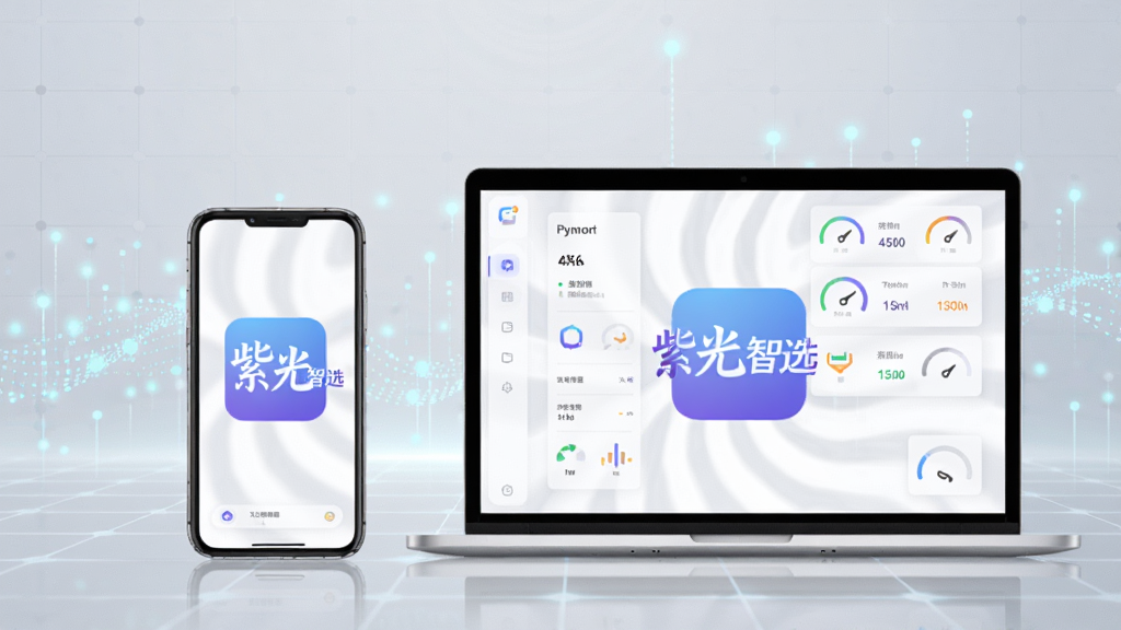 画面中央展示一部智能手机和一台笔记本电脑并排摆放,屏幕上都显示着“紫光智选”的蓝色渐变图标界面,背景是淡灰色科技感网格与流动的浅蓝色数据光点,布局采用左右对称构图,风格为简洁扁平化科技风,细节包括设备边缘的柔和反光、界面上的算力仪表盘小部件,画质为4K高清、干净无多余元素
