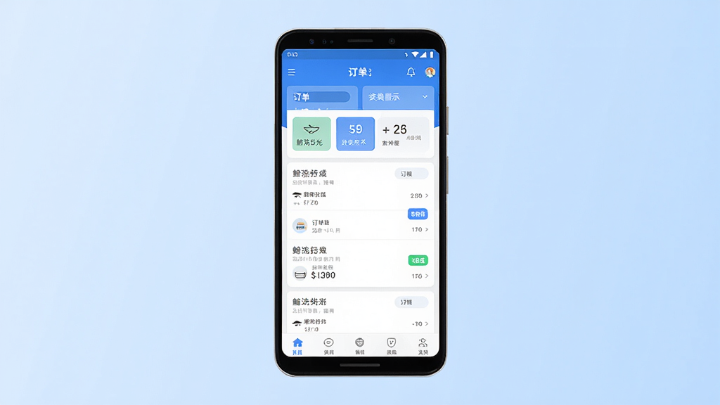 鲸洗拾光商户端软件主界面预览图,画面中央展示一部安卓手机,手机屏幕内呈现商户端首页的订单列表与数据看板,背景为浅蓝色渐变,整体布局简洁清晰,风格现代商务,细节包含图标、数字卡片与底部导航栏,画质高清,干净,无多余元素