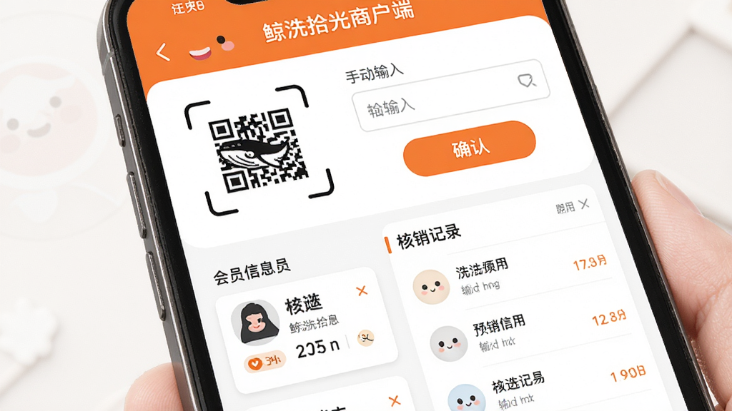 鲸洗拾光商户端会员核销界面预览图,画面展示手机屏幕内扫码框与手动输入框并列排布,下方显示会员卡片信息与核销记录列表,界面配色以橙色和白色为主,风格亲和明快,细节包含二维码图标与确认按钮,画质高清,干净,无多余元素