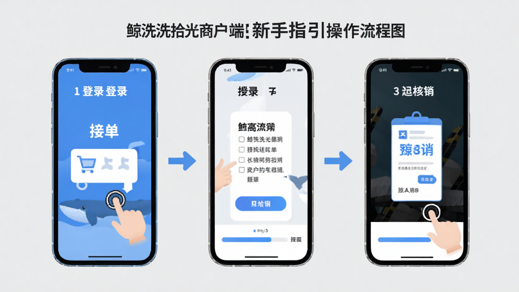 鲸洗拾光商户端新手指引操作流程图,画面展示手机屏幕内分步骤演示登录、接单、核销三个场景,每一步配有文字说明与箭头引导,背景为浅灰色,风格扁平化教学,细节包含手指点击图标与进度条,画质高清,干净,无多余元素
